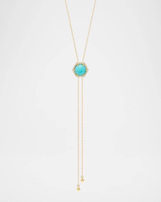 Honeycomb Cabochon Gemstone & Diamond Lariat Necklace in 18K Yellow Gold